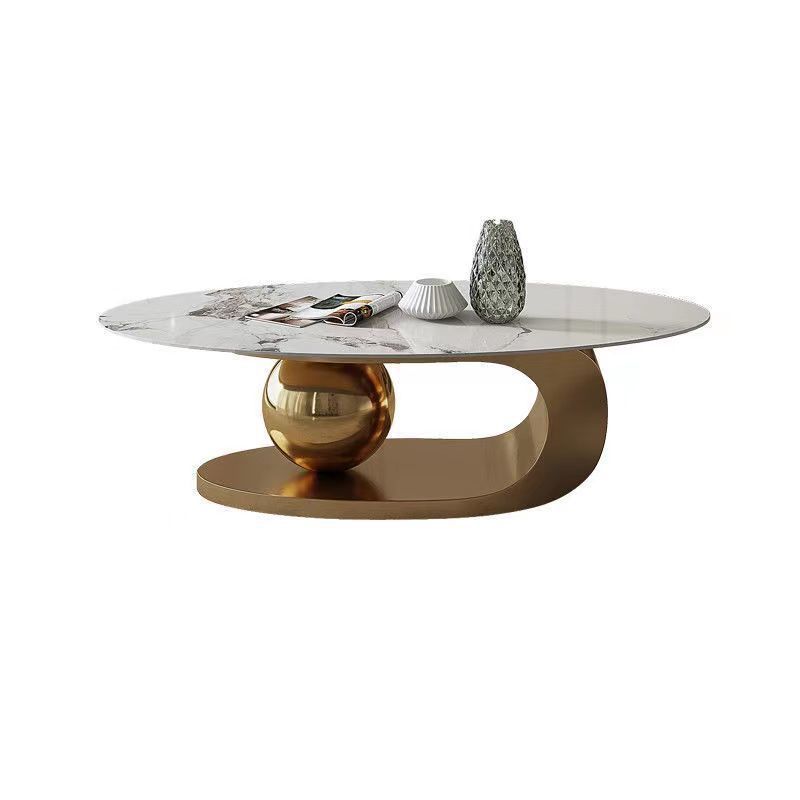 Elegant Oval Stone Coffee Table with Stainless Steel Abstract Bases