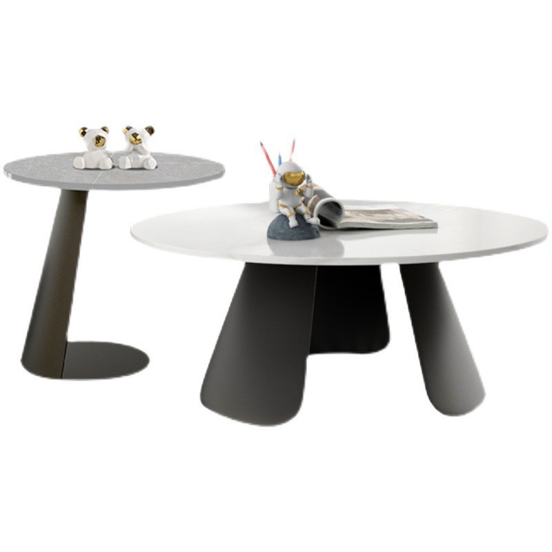 Modern White Stone Round Coffee Table Set with Black Iron Legs