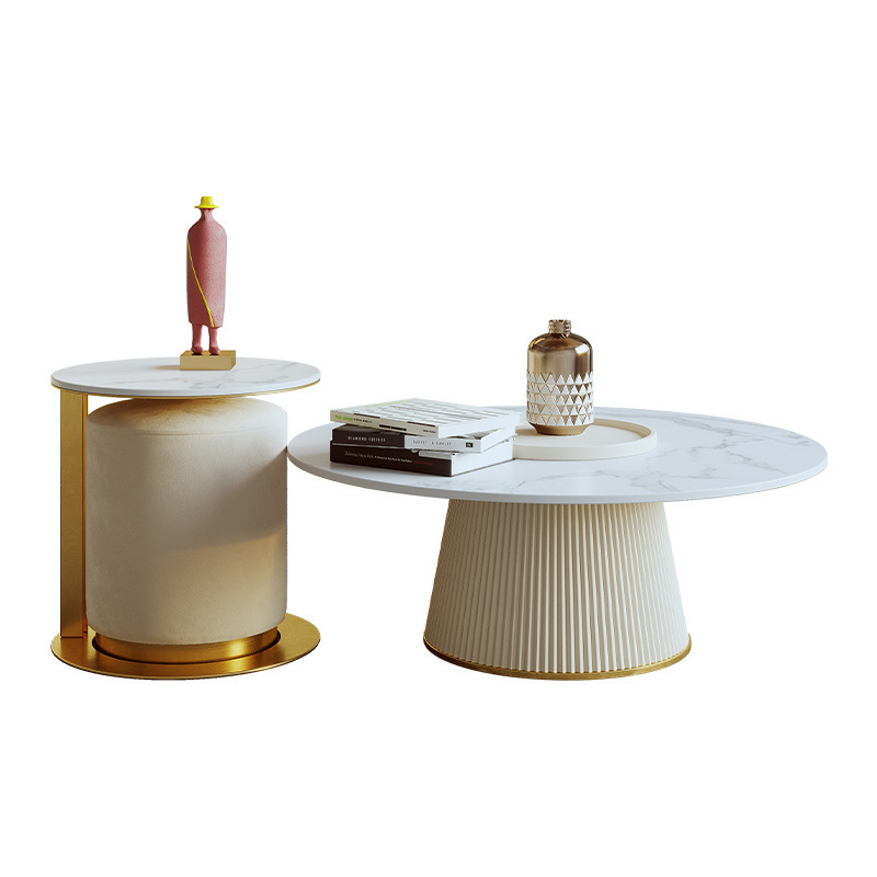 Round White and Gold Modern Coffee Table Set Round White and Gold Modern Coffee Table Set