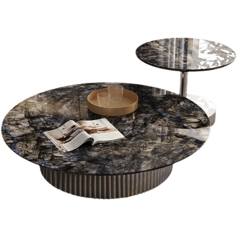 Coffee Table Set with Elegant Marble Tops and Ribbed Metallic Bases Coffee Table Set with Elegant Marble Tops and Ribbed Metallic Bases