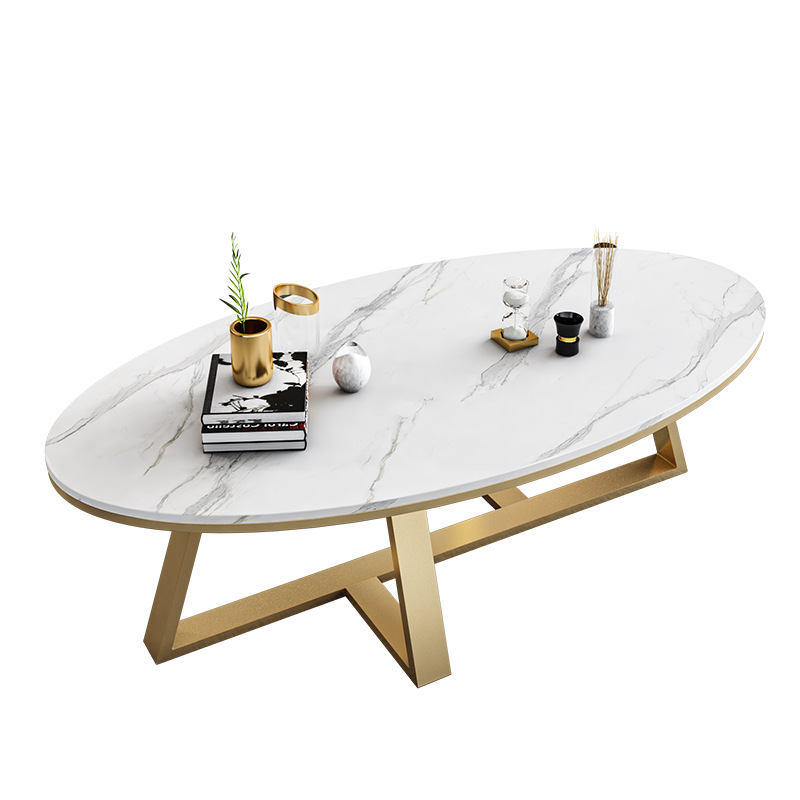 White Oval Stone Top Coffee Table with Iron Cross Base Cocktail Table White Oval Stone Top Coffee Table with Iron Cross Base Cocktail Table